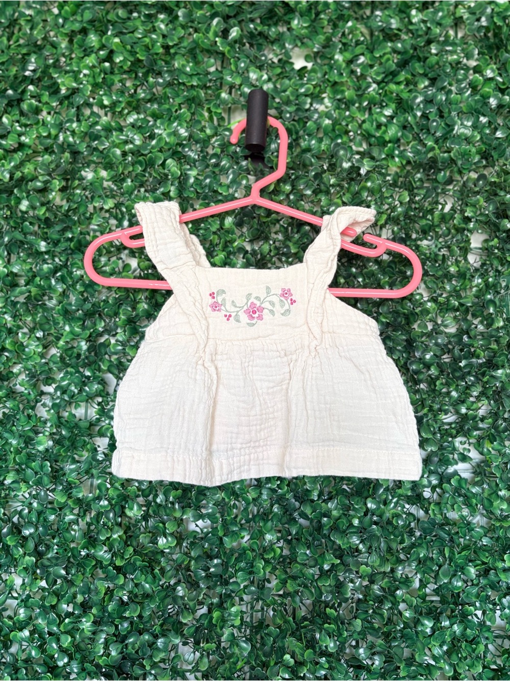 Carter's Cream Gauze Tank Top with Pink Floral Embroidery